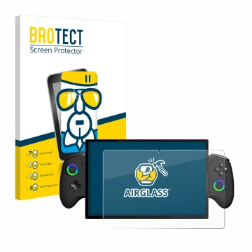 Front side of a product packaging with the brand logo BROTECT. Next to it is the device OneXPlayer X1 shown with the correspon