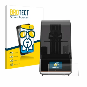 Front side of a product packaging with the brand logo BROTECT. Next to it is the device Anycubic Photon Mono M7 Pro shown with