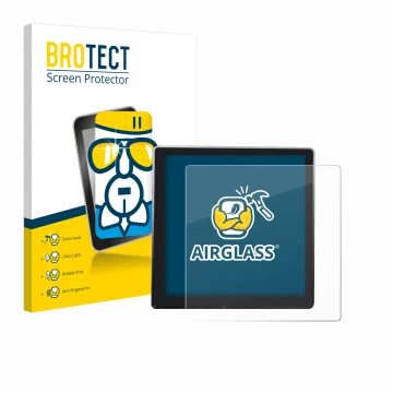 Front side of a product packaging with the brand logo BROTECT. Next to it is the device Shelly Wall Display shown with the cor