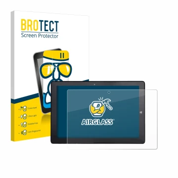 Front side of a product packaging with the brand logo BROTECT. Next to it is the device Awow AiBook 10 shown with the correspo
