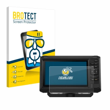 Front side of a product packaging with the brand logo BROTECT. Next to it is the device Garmin ECHOMAP UHD2 7