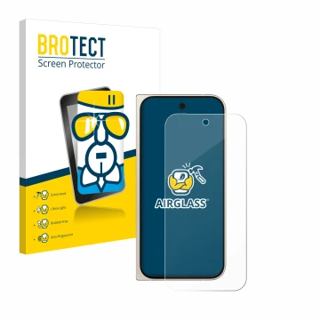 Front side of a product packaging with the brand logo BROTECT. Next to it is the device Google Pixel 9 Pro Fold shown with the