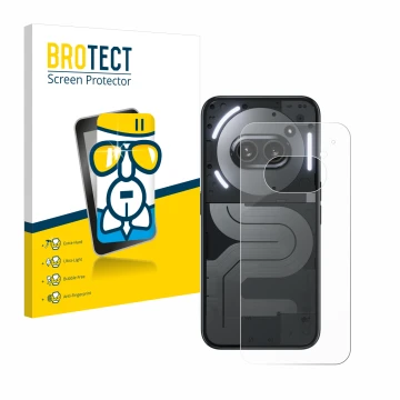 Front side of a product packaging with the brand logo BROTECT. Next to it is the device Nothing Phone (2a) Plus (Back) shown w