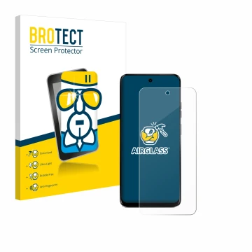 Front side of a product packaging with the brand logo BROTECT. Next to it is the device Motorola G34 5G shown with the corresp