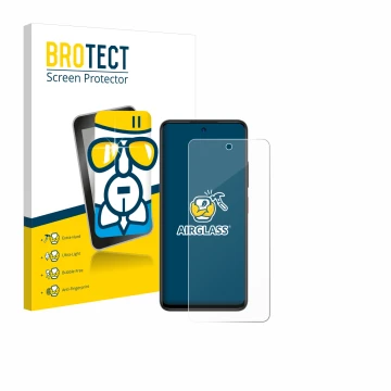 Front side of a product packaging with the brand logo BROTECT. Next to it is the device ZTE Blade A75 5G shown with the corres
