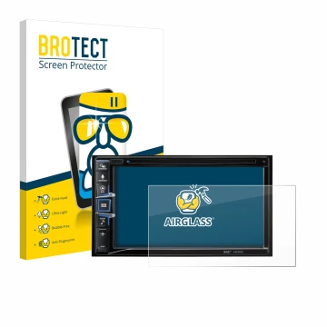 Front side of a product packaging with the brand logo BROTECT. Next to it is the device Alpine INE-W611D shown with the corres