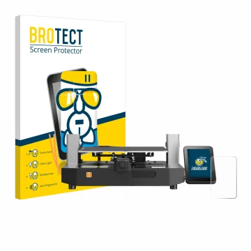 Front side of a product packaging with the brand logo BROTECT. Next to it is the device Anycubic Kobra 3 shown with the corres