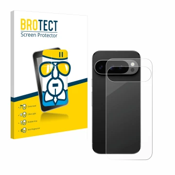 Front side of a product packaging with the brand logo BROTECT. Next to it is the device Google Pixel 9 Pro (Back) shown with t