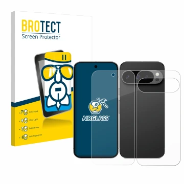 Front side of a product packaging with the brand logo BROTECT. Next to it is the device Google Pixel 9 Pro (Front+Back) shown 