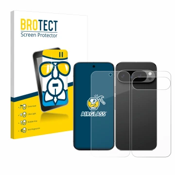 Front side of a product packaging with the brand logo BROTECT. Next to it is the device Google Pixel 9 Pro XL (Front+Back) sho