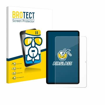 Front side of a product packaging with the brand logo BROTECT. Next to it is the device Blackview Tab 18 shown with the corres