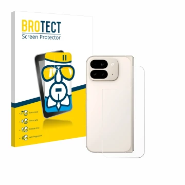 Front side of a product packaging with the brand logo BROTECT. Next to it is the device Google Pixel 9 Pro Fold (Back) shown w