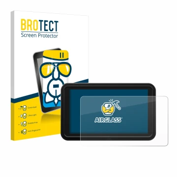 Front side of a product packaging with the brand logo BROTECT. Next to it is the device Atomos Shinobi 2 shown with the corres