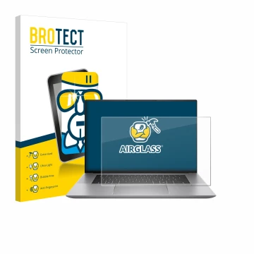Front side of a product packaging with the brand logo BROTECT. Next to it is the device HP Zbook Studio 16 G11 shown with the 