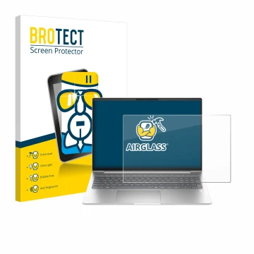 Front side of a product packaging with the brand logo BROTECT. Next to it is the device HP ProBook 460 G11 shown with the corr
