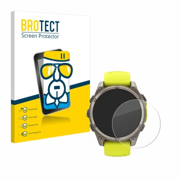 Front side of a product packaging with the brand logo BROTECT. Next to it is the device Garmin Fenix 8 Solar (47 mm) shown wit