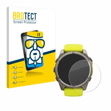 Front side of a product packaging with the brand logo BROTECT. Next to it is the device Garmin Fenix 8 Solar (51 mm) shown wit