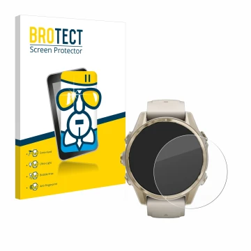 Front side of a product packaging with the brand logo BROTECT. Next to it is the device Garmin Fenix 8 (43 mm) shown with the 