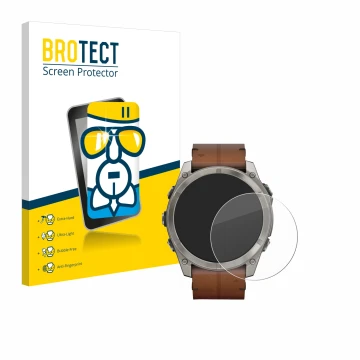 Front side of a product packaging with the brand logo BROTECT. Next to it is the device Garmin Fenix 8 AMOLED (51 mm) shown wi