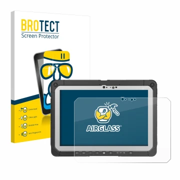 Front side of a product packaging with the brand logo BROTECT. Next to it is the device Panasonic Toughbook CF-20 MK2 shown wi