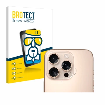 Front side of a product packaging with the brand logo BROTECT. Next to it is the device Apple iPhone 16 Pro (ONLY Camera Lens)