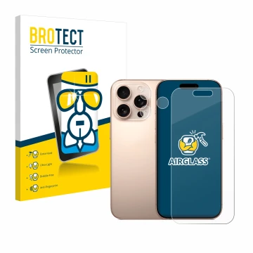 Front side of a product packaging with the brand logo BROTECT. Next to it is the device Apple iPhone 16 Pro (Front+Camera) sho