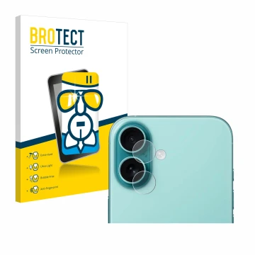 Front side of a product packaging with the brand logo BROTECT. Next to it is the device Apple iPhone 16 Plus (ONLY Camera Lens