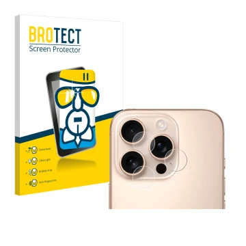 Front side of a product packaging with the brand logo BROTECT. Next to it is the device Apple iPhone 16 Pro Max (ONLY Camera L