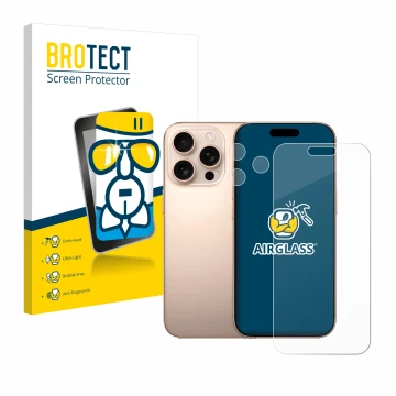 Front side of a product packaging with the brand logo BROTECT. Next to it is the device Apple iPhone 16 Pro Max (Front+Camera)