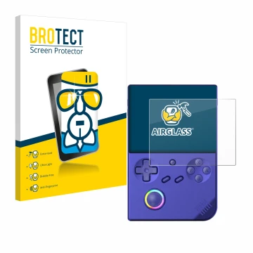 Front side of a product packaging with the brand logo BROTECT. Next to it is the device Anbernic RG40XXV shown with the corres