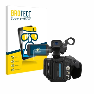 Front side of a product packaging with the brand logo BROTECT. Next to it is the device Sony PXW-Z200 shown with the correspon