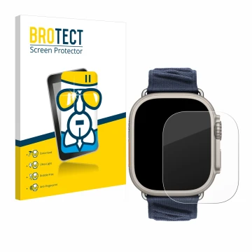 Front side of a product packaging with the brand logo BROTECT. Next to it is the device Apple Watch Hermès Ultra 2 shown with 