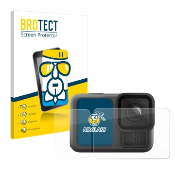Front side of a product packaging with the brand logo BROTECT. Next to it is the device GoPro Hero 13 Black shown with the cor