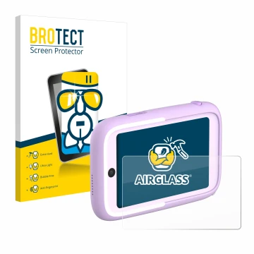 Front side of a product packaging with the brand logo BROTECT. Next to it is the device Myfirst Camera 50 shown with the corre