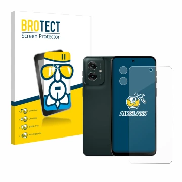 Front side of a product packaging with the brand logo BROTECT. Next to it is the device Motorola Moto G55 (Front+Camera) shown