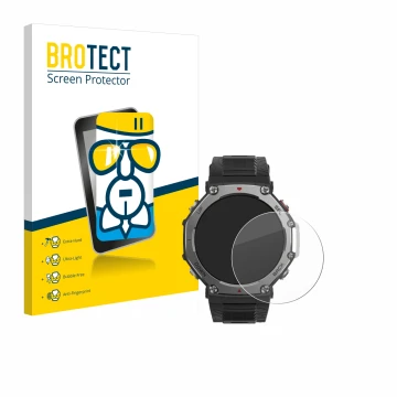 Front side of a product packaging with the brand logo BROTECT. Next to it is the device Huami Amazfit T-Rex 3 shown with the c