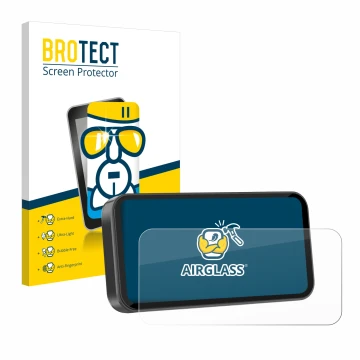 Front side of a product packaging with the brand logo BROTECT. Next to it is the device Carpuride W603D 6.3