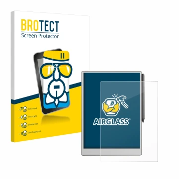 Front side of a product packaging with the brand logo BROTECT. Next to it is the device reMarkable Paper Pro shown with the co