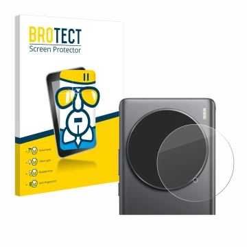 Front side of a product packaging with the brand logo BROTECT. Next to it is the device Vivo X100 Ultra (ONLY Camera Lens) sho