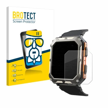 Front side of a product packaging with the brand logo BROTECT. Next to it is the device Findtime Smartwatch 1.83