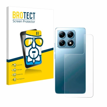 Front side of a product packaging with the brand logo BROTECT. Next to it is the device Xiaomi 14T Pro (Back) shown with the c