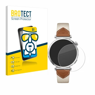Front side of a product packaging with the brand logo BROTECT. Next to it is the device Huawei Watch GT 5 (41 mm) shown with t