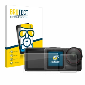 Front side of a product packaging with the brand logo BROTECT. Next to it is the device DJI Osmo Action 5 Pro shown with the c