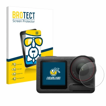 Front side of a product packaging with the brand logo BROTECT. Next to it is the device DJI Osmo Action 5 Pro (Lens) shown wit