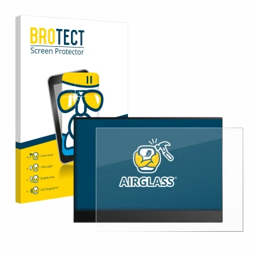 Front side of a product packaging with the brand logo BROTECT. Next to it is the device Lenovo ThinkVision M14t Gen 2 shown wi