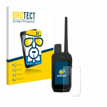 Front side of a product packaging with the brand logo BROTECT. Next to it is the device Garmin Alpha 300 K shown with the corr