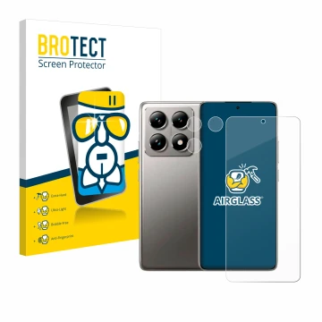 Front side of a product packaging with the brand logo BROTECT. Next to it is the device Xiaomi 14T (Front+Camera) shown with t