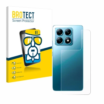 Front side of a product packaging with the brand logo BROTECT. Next to it is the device Xiaomi 14T (Back) shown with the corre