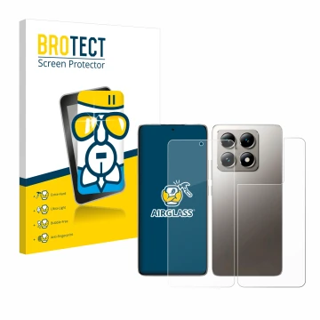 Front side of a product packaging with the brand logo BROTECT. Next to it is the device Xiaomi 14T (Front+Back) shown with the
