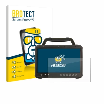 Front side of a product packaging with the brand logo BROTECT. Next to it is the device Winmate M133WK shown with the correspo